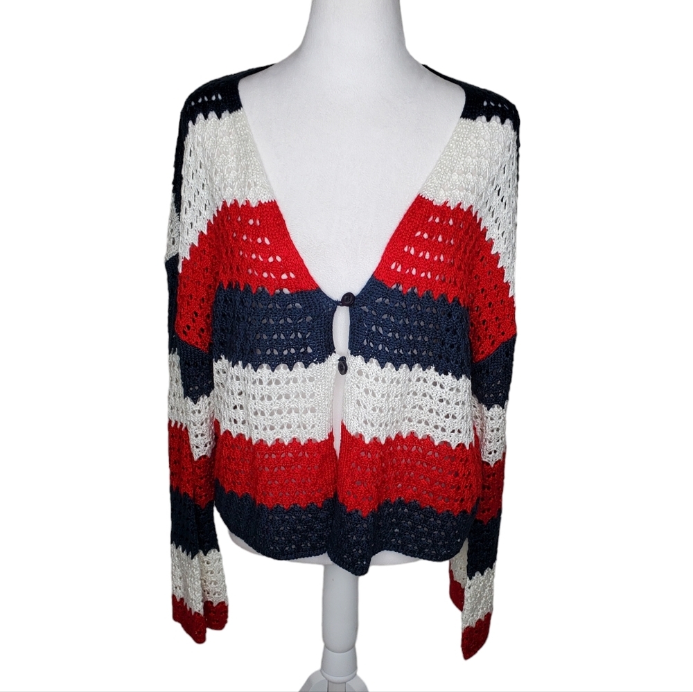 Striped Red, White, and Blue Women's Cardigan- XL
